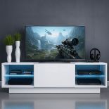 WHITE TV STAND WITH GLASS SHELVES AND LED LIGHTS
