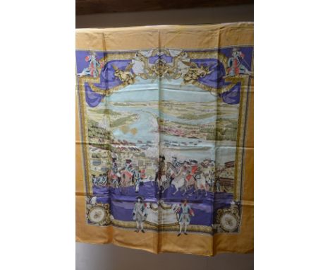 A vintage Hermes scarf - Les Armees en Campagne (D' Apres Juan Dolivar), 87 x 87 cm Condition Report Brown mark to river area