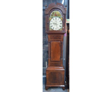 A 19th century inlaid flame mahogany longcase clock, the 8-day movement with painted arched dial having subsidiary seconds an