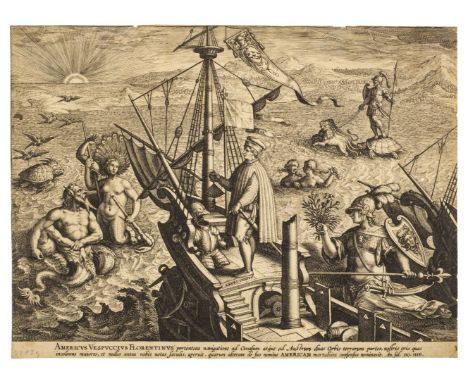 * Collaert (Adriaen, circa 1560-1618). Amerigo Vespucci on his ship, plate 3 from Americae Retectio (The Discovery of America