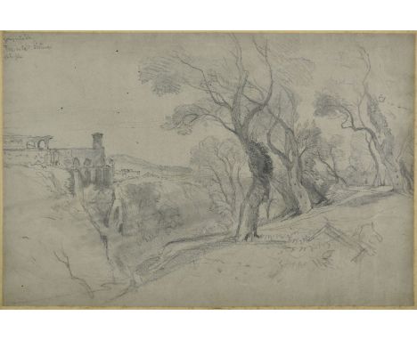 * Circle of Edward Lear (1812-1888). Italian landscape, pencil on grey wove paper, depicting a landscape with trees and arcad