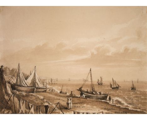 * Prinsep (Emily Rebecca, 1798-1860). Brighton, Oct 1824, grisaille watercolour on paper, depicting seascape with sailing boa
