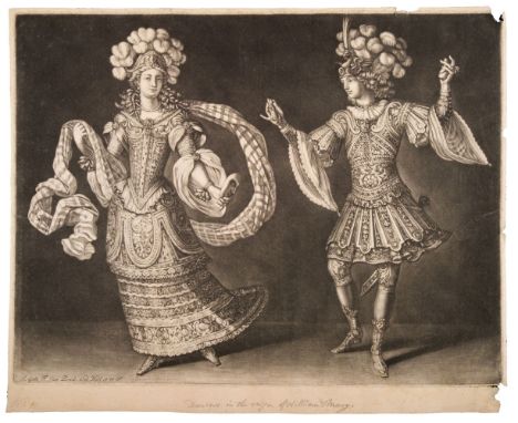 * Gole (Jacob, 1660-1737). Two Dancers in Costume, mezzotint on laid paper, with Strasburg Lily watermark, three marginal tea