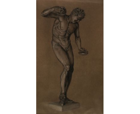 * English School. Dancing Faun, late 19th century, black and white chalk on dark brown wove paper, full length study after a 