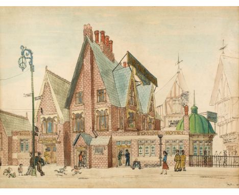 * Smythe (Reg, 1917-1998). Station Hotel, 1943, pen, ink, and watercolour, showing a street scene with a large red brick stee