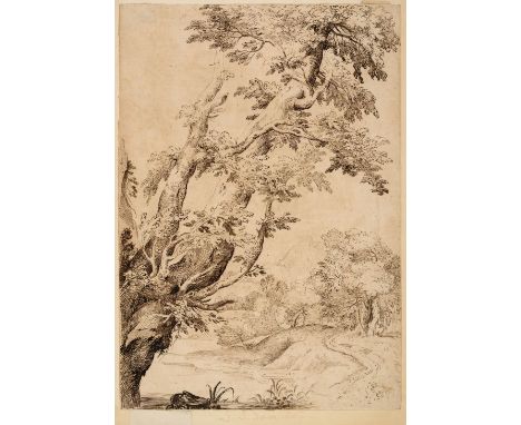 * Grimaldi (Giovanni Francesco, 1606-1680). Study of Trees in a River Landscape, pen and brown ink on laid paper, sheet size 
