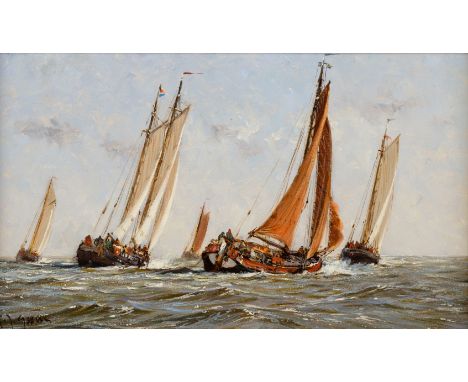 * Goosen ( Frits Johan, 1943- ). "Balder", oil on board, seascape depicting 5 large sailing ships, signed lower right, additi