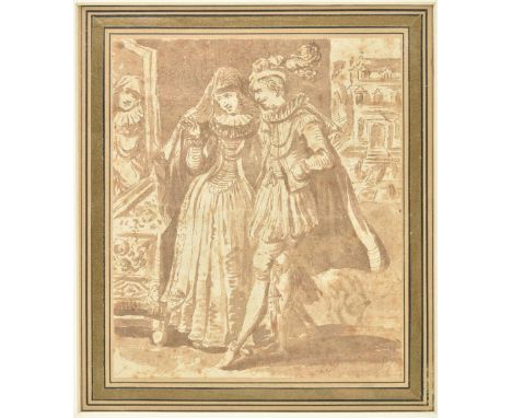 * French School. Courting couple, 17th century, sepia watercolour on paper, showing a young lady and gentleman in an interior