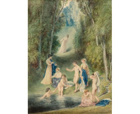 * Stothard (Thomas, 1755-1834). Girls Bathing, watercolour and traces of pencil, depicting six naked or semi-clad young femal