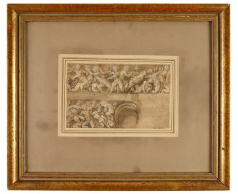 * Attributed to Giovanni Antonio de' Sacchis, Il Pordenone ( 1483/4-1539 ). Design for a frieze of fighting putti, pen and br