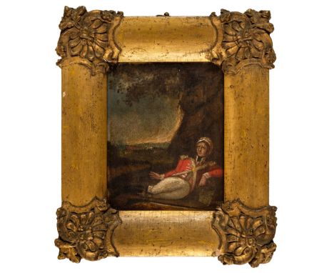 * English School. Wounded officer, circa 1815, oil on tin, showing an officer in distress wearing a scarlet tunic and semi-re
