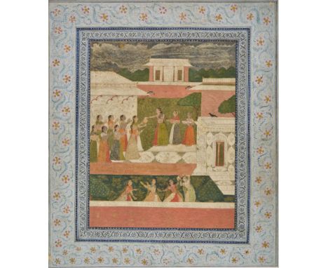 * Mughal School. Court scene with princess and attendants presenting gifts to assembled females, with dancing girls, 18th cen
