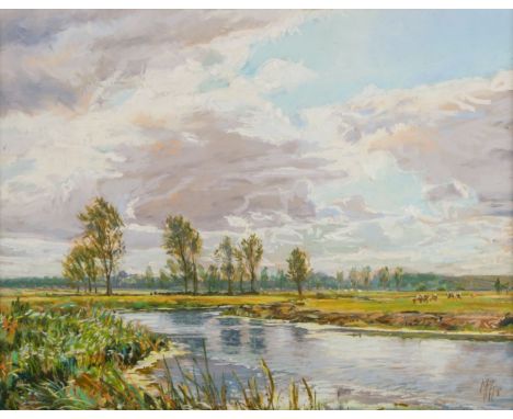 ARR * Glass (Margaret, 1950- ). Towards Dedham, 1992, pastel on paper, depicting a landscape with river, trees, and cattle, w