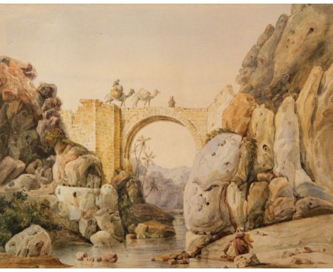 * Delamarre (Captain Adolphe Hedwige Alphonse, 1793-1861). Camels crossing the Alcántara Bridge, Spain, 1844, pencil and wate