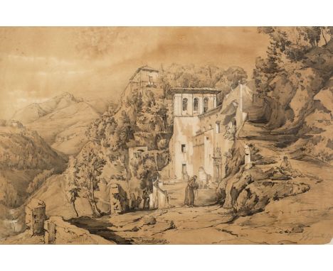 * Gigante (Gaetano, 1770-1840). Neapolitan landscape with monastery, 1836, pencil on paper, depicting a monastery set into a 