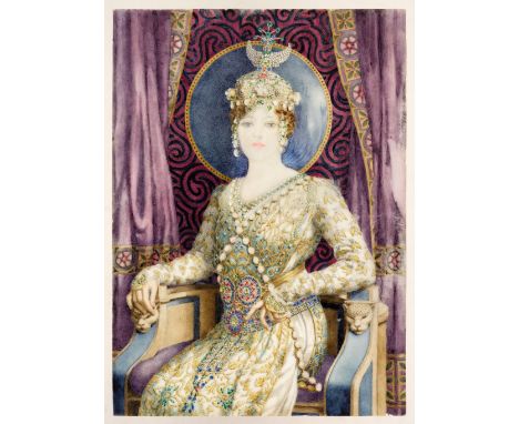 * Miniature. Portrait of Sarah Bernhardt as Empress Théodora, circa 1920-1930, watercolour and gouache on milk glass, three-q