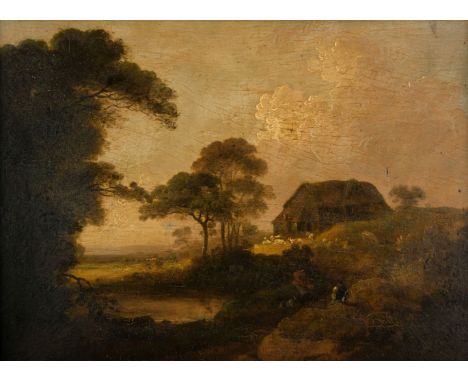 * Rathbone (John, 1750-1807, &amp; George Morland 1763-1804). Landscape, oil on wood panel, depicting a pastoral scene with s