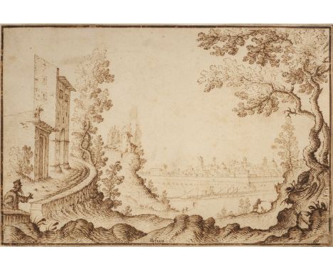 * Cantagallina (Remigio, circa 1582-1656). View of Pesaro, pen and brown ink on laid paper, with watermark of crossed arrows 