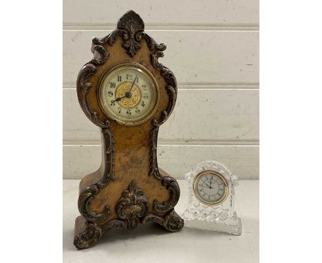 Small continental mantel clock with metal mounted case together with a Waterford Crystal bedside clock (2)