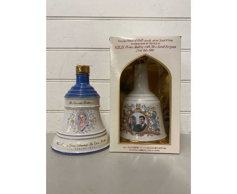 Two commemorative Bells Scotch Whisky decanters, Queen Mother's 90th Birthday and Prince Andrew and Sarah Ferguson's wedding