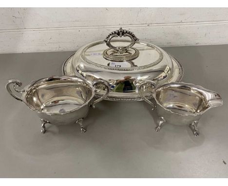 Silver plated serving dish together with a sugar basin and jug (3)