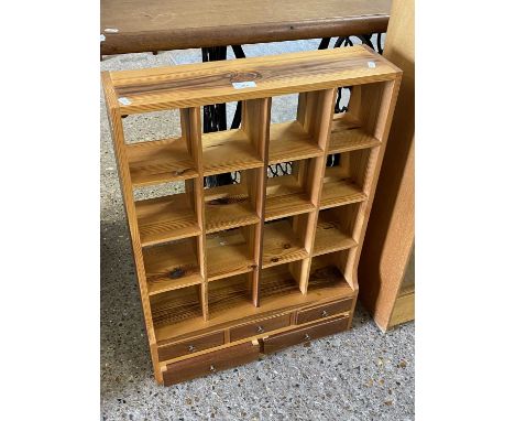 Narrow tulip wood shelf with sixteen pigeon holes and five base drawers