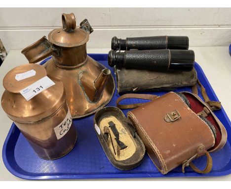 Mixed Lot: Small copper kettle, copper tea caddy, vintage binoculars etc