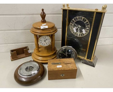 Mixed Lot: Modern mantel clocks, barometer, vintage money box etc