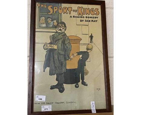 FRAMED COLOURED PRINT 'THE SPORT OF KINGS' RACING COMEDY BY IAN MAY FROM THE SAVOY THEATRE, LONDON