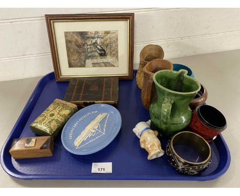 Mixed Lot: Various bangles, wooden vases, assorted ceramics, framed railway print etc