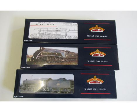 Bachmann L.N.E.R. V2 Green Howard, L.N.E.R. blue A4 Miles Beever, and L.M.S. Royal Scot Gordon Highlander, all items boxed, E