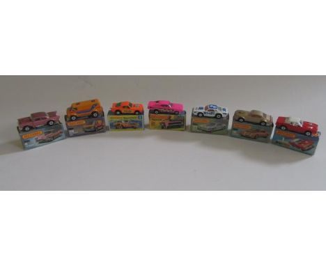 Seven Matchbox Superfast vehicles comprising No1 Dodge Challenger, No4 57 Chevy, No8 Wild Cat, No16 Pontiac, No34 Chevy Stock