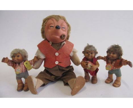 A 15" German Macki with wooden pipe, together with three 4 1/2" Mackis made by Steiff with their original labels (4) (Est. pl