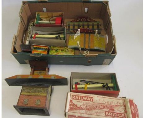 Trackside accessories by Hornby, Chad Valley and others including signal box, bridge, level crossing and tunnel, some items b