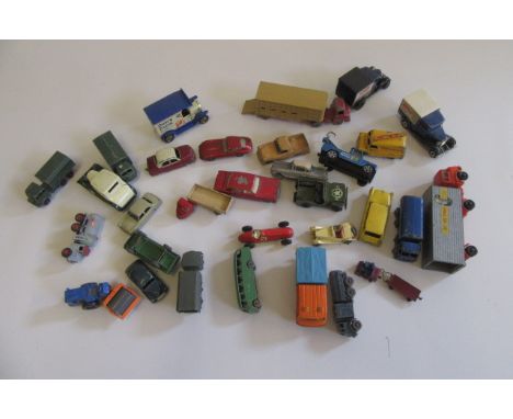 Thirty playworn mainly Matchbox vehicles including Bedford Tractor, Commer Pickup, Morris Minor and Cattle Truck, F-P (Est. p
