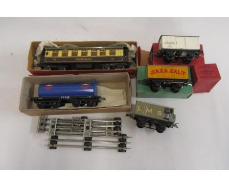 Hornby Post War Refrigerator Van, Saxa Salt Wagon, a pre-war Pullman Coach Lorraine, L.M.S. Brake Van and a modern Bogie Tank
