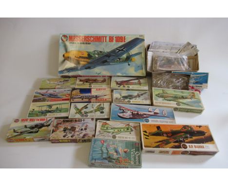 Sixteen vintage Airfix plastic model kits including 1:24 scale Messerschmitt BF109 H.P. Halifax, D.H. Heron, DHC Beaver and B