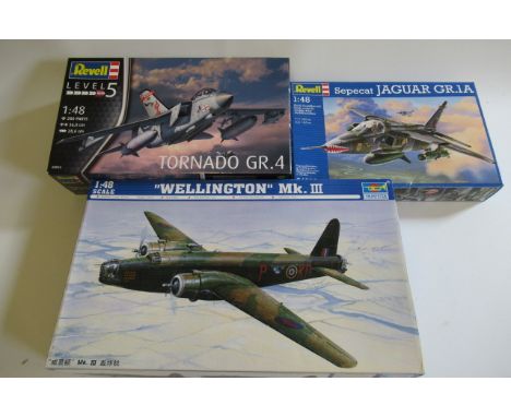 Three 1:48 scale kits comprising Revell Tornado GR4 Jaguar GR1 and Trumpeter Wellington MKIII, M (Est. plus 21% premium inc. 