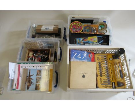 Five plastic boxes containing model making tools including paint, knives, clamps, glue brushes, Humbrol airbrush and books, s