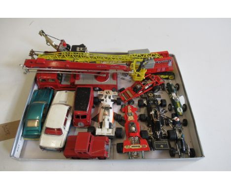 Playworn Corgi vehicles including Simon Snorkel fire engine, race cars and breakdown truck, F-P (Est. plus 21% premium inc. V
