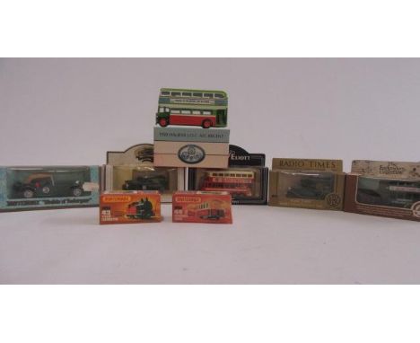 Diecast models by Lledo and others including Radio Times Horse Bus, BBC Van, Corgi AEC Regent Bus and Matchbox No43 Steam loc