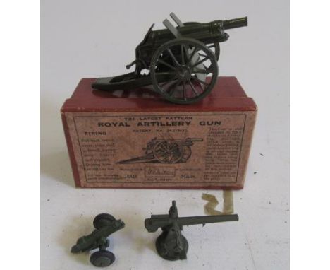 Britains 1201 Royal Artillery Field Gun, boxed, G, damage to tow hook, and two further small army guns, F-P (Est. plus 21% pr