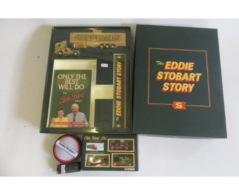 Eddie Stobart Story with Gold Wagon and Book, Stobart bar mats, key ring and four vans and small tank van (Est. plus 21% prem