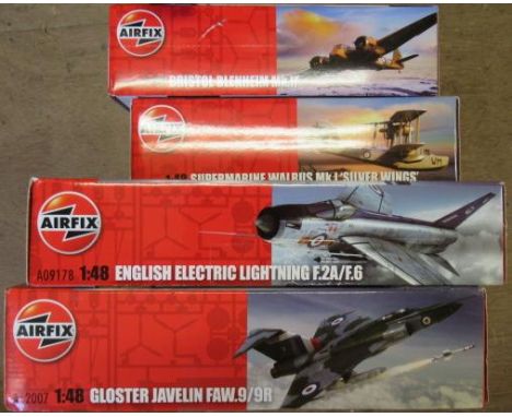 Four Airfix 1:48 scale aircraft kits comprising Javelin FAW9, Lightning F2A, Walrus MK1 and Blenhiem MK1F, M (Est. plus 21% p