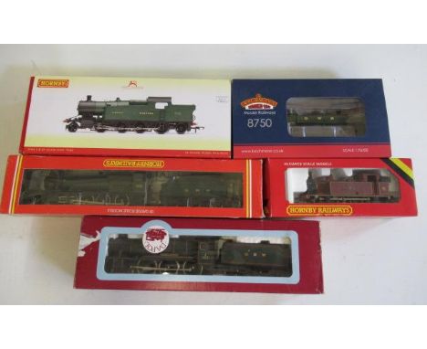Five Hornby and Bachmann locomotives Jinty in L.M.S. red, G.W.R. Class 87XX, G.W.R. Class 72XX, G.W.R. Country Class and G.W.