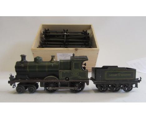 Bing clockwork 4-4-0 G.W.R. Tender Engine finished in green with 410 to cab and a quantity of clockwork track, F-G (Est. plus