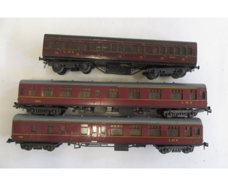 Exley K5 L.M.S. Suburban 3rd, much overpainted, P, and two Lima L.M.S. passenger coaches (Est. plus 21% premium inc. VAT)