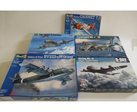 Five 1:72 scale Aircraft kits comprising Revell Gannet, Blohm Voss BV222 Italeri Stirling,Sunderland MK1 and Trumpeter FW200C