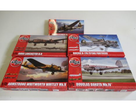 Five Airfix 1:72 scale kits comprising Blenheim, Avro Lancaster, Flying Fortress Whitley and Dakota, M (Est. plus 21% premium