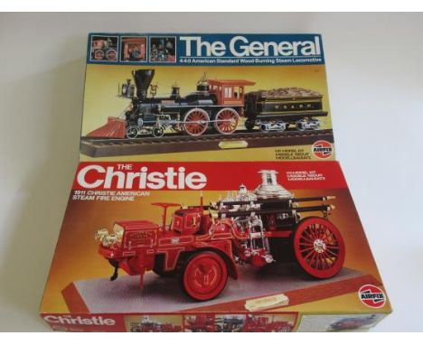 Two large scale Airfix Kits comprising The General American Steam Locomotive and The Christie Fire Engine, boxes E, contents 